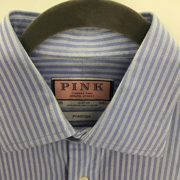 PINK Thomas Pink Prestige Striped Shirt Button Barrel Cuff Blue Size 16/34 - Picture 4 of 8